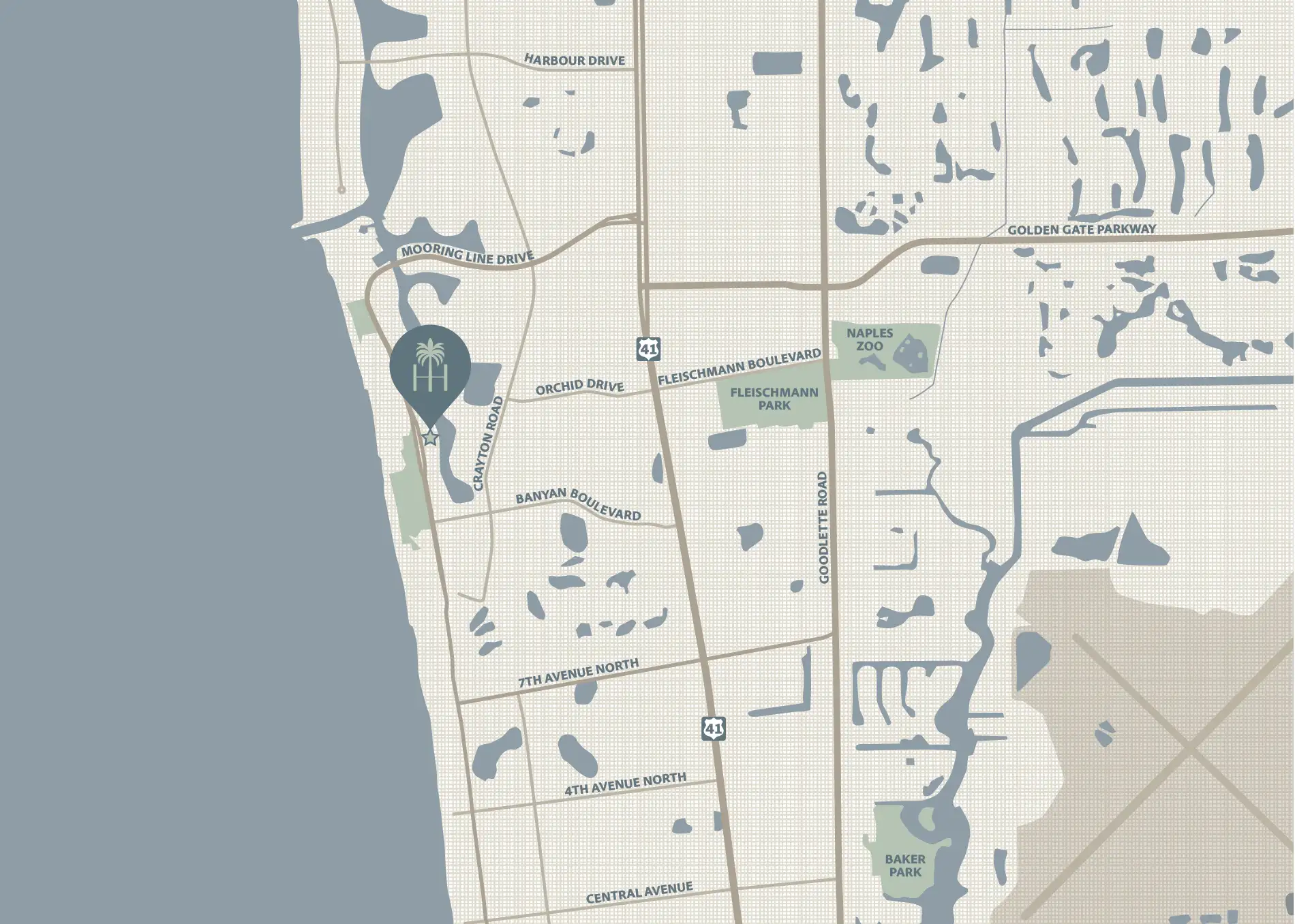 Illustrated map of Naples marking Harbour House on Gulf Shore Boulevard North between the Gulf and Naples Bay